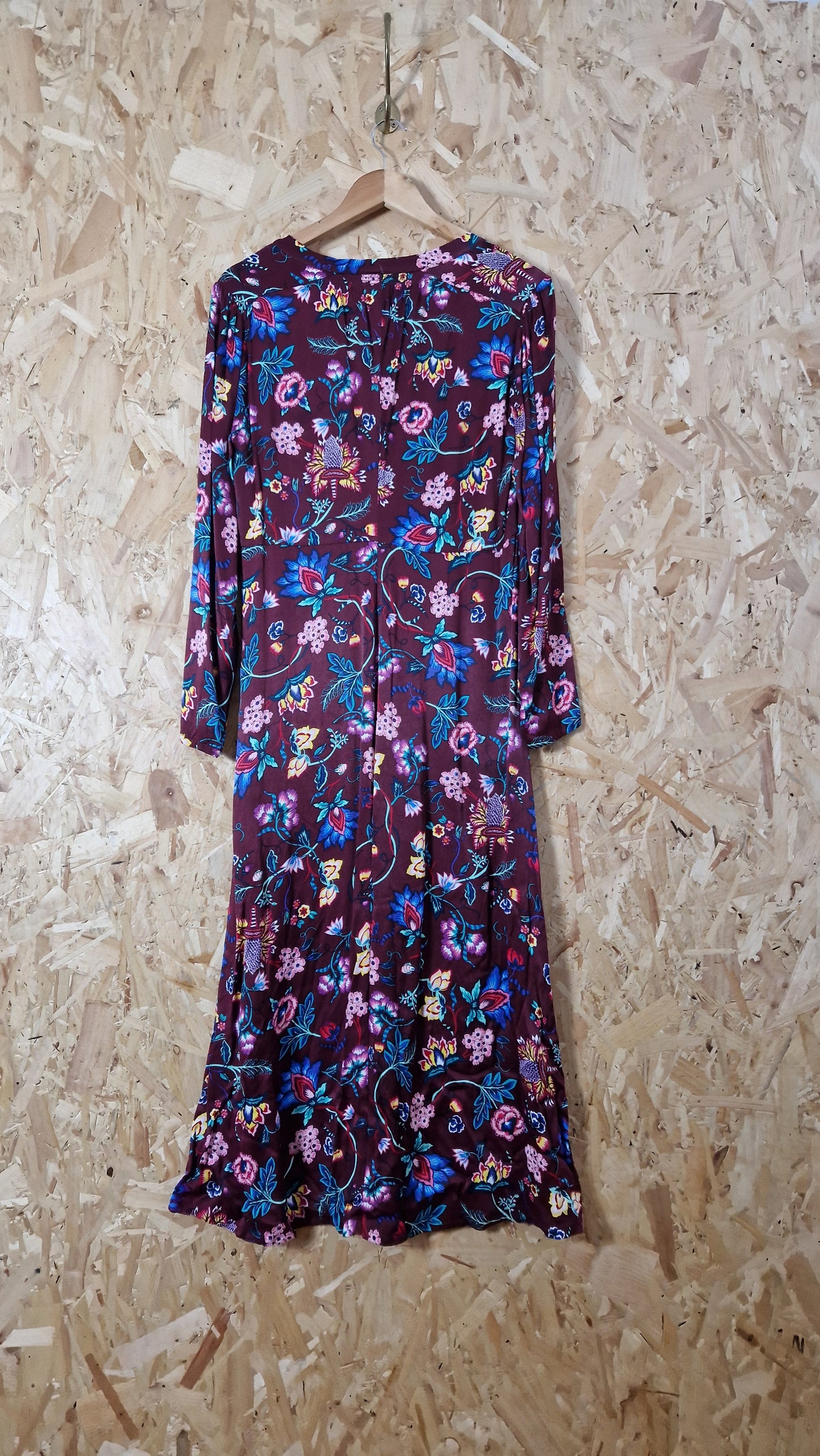 Preloved Oliver Bonas Long Sleeve Tie Neck Burgundy Floral Printed Dress Size 10