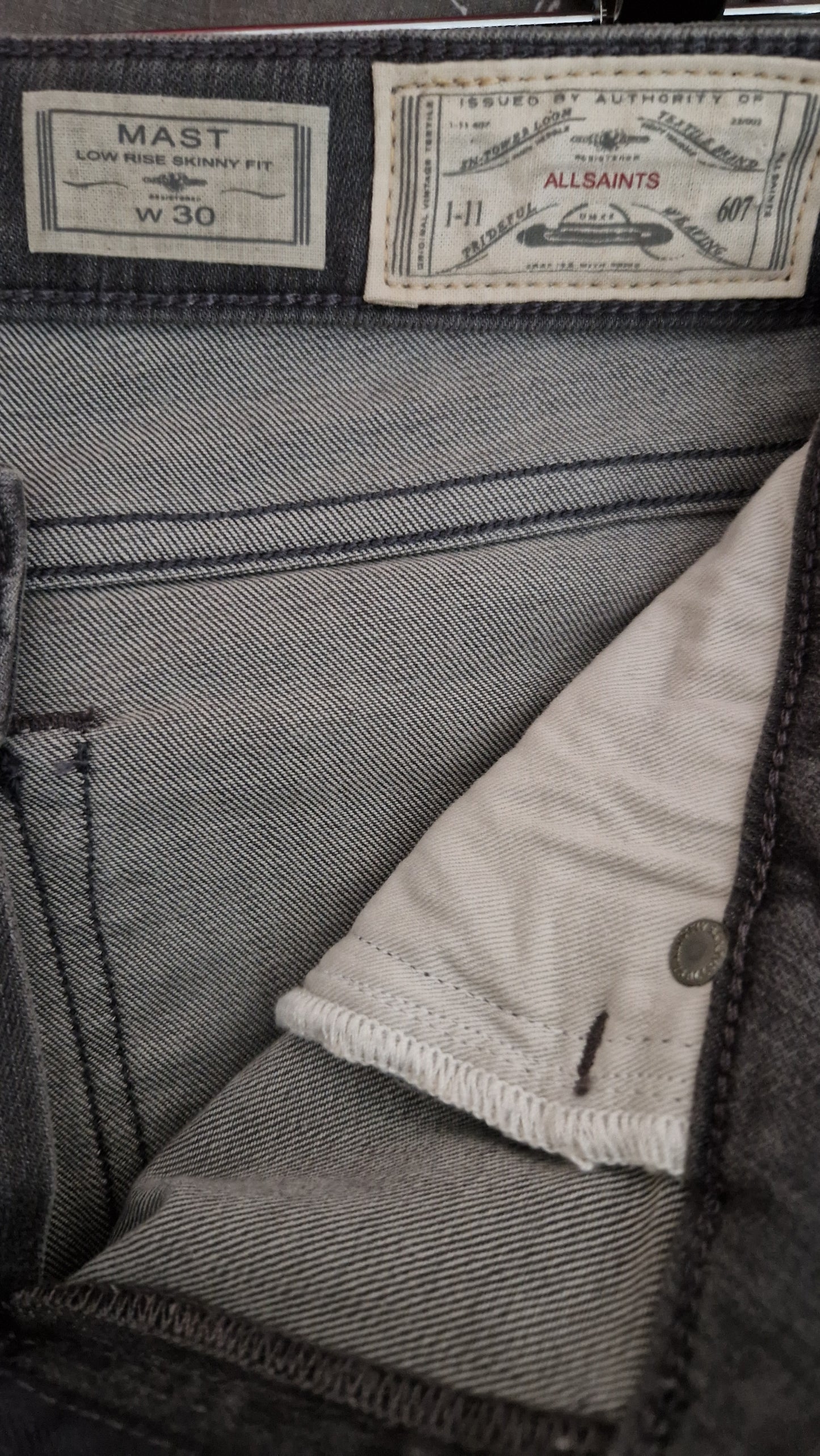 Preloved All Saints 'Mast' Low Rise Skinny Fit Grey Denim Jeans Waist 30