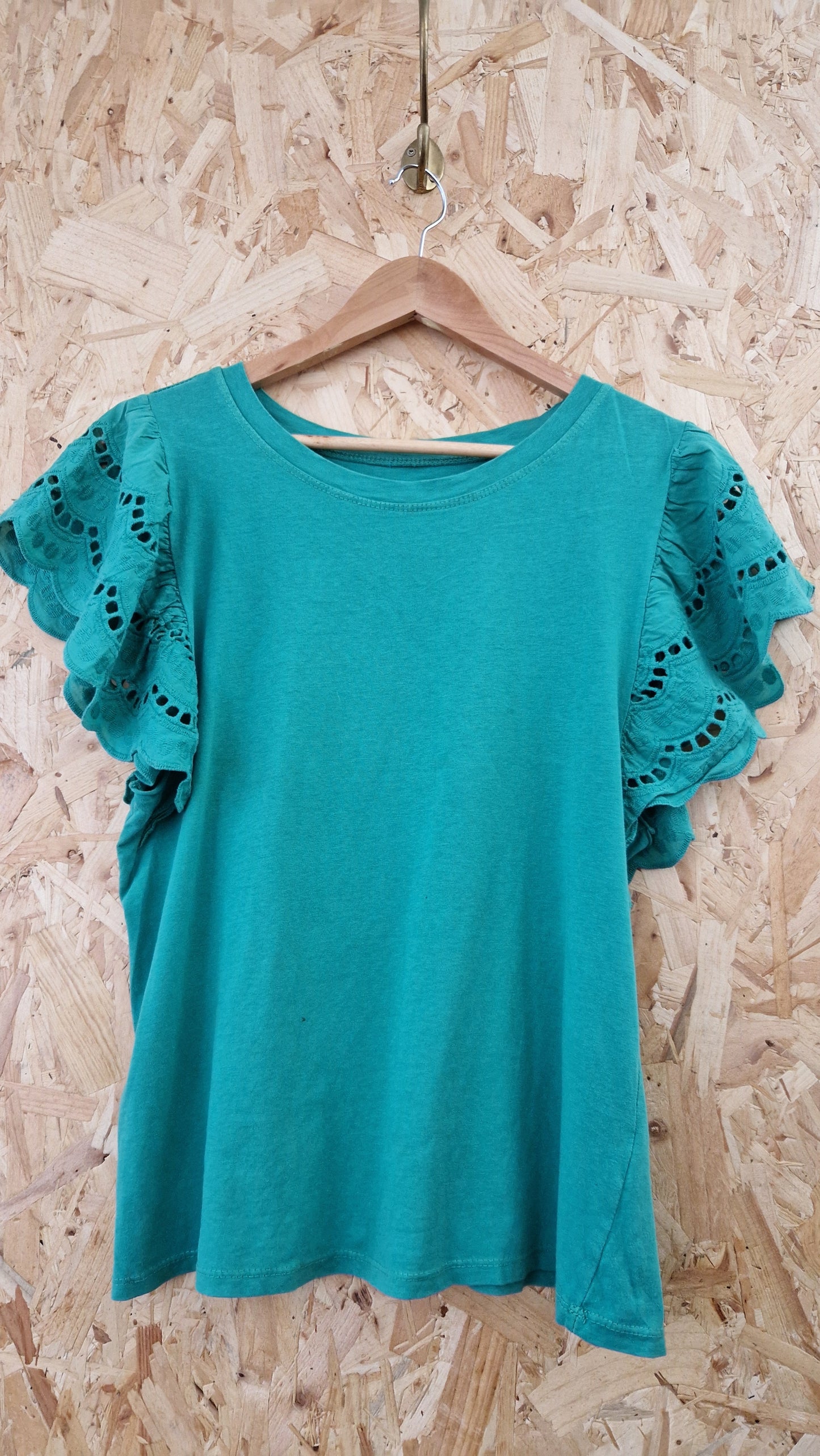 Preloved Short Sleeve T-shirt with Cut Out Detail Frilly Sleeves Size 12