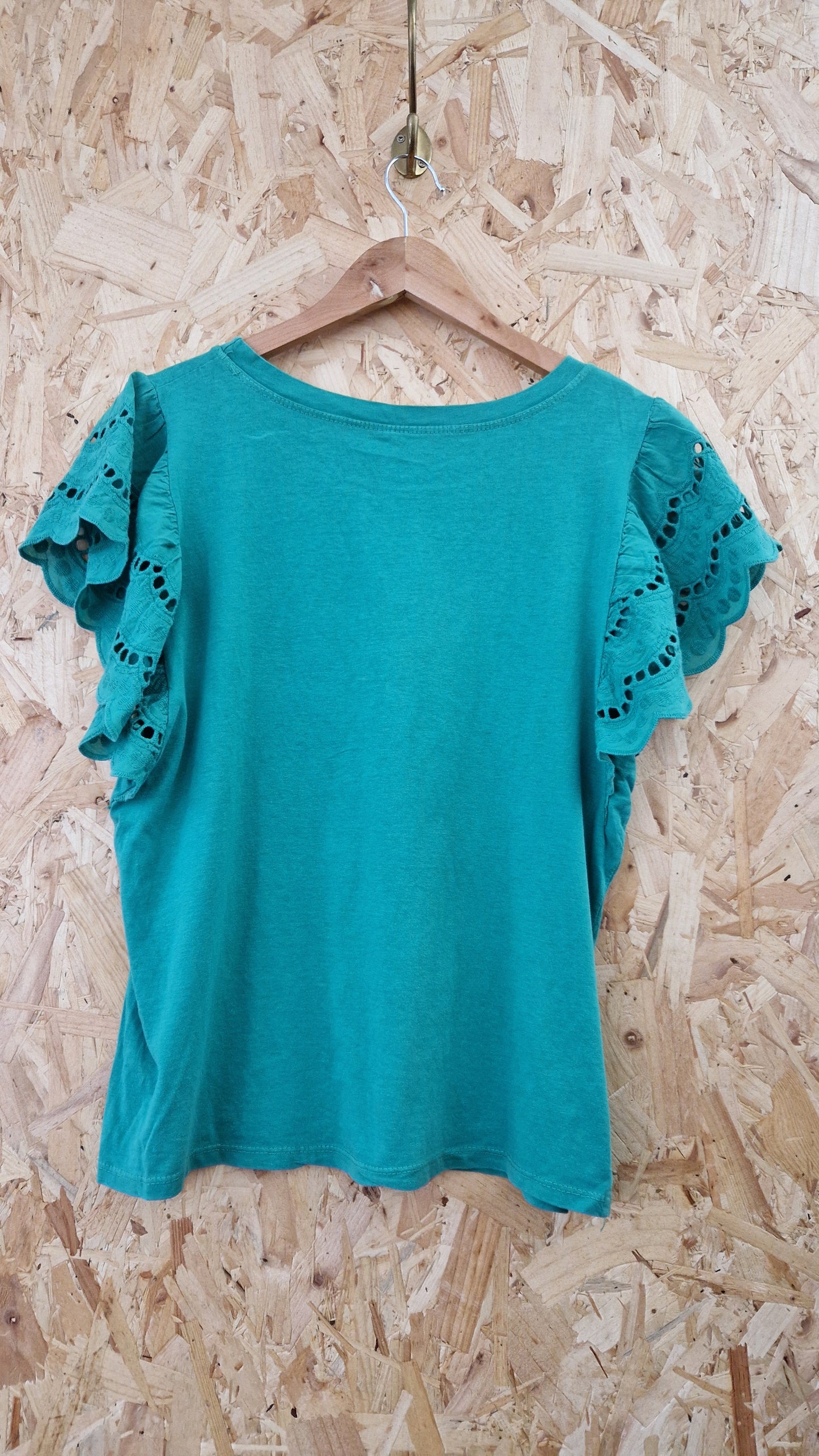 Preloved Short Sleeve T-shirt with Cut Out Detail Frilly Sleeves Size 12