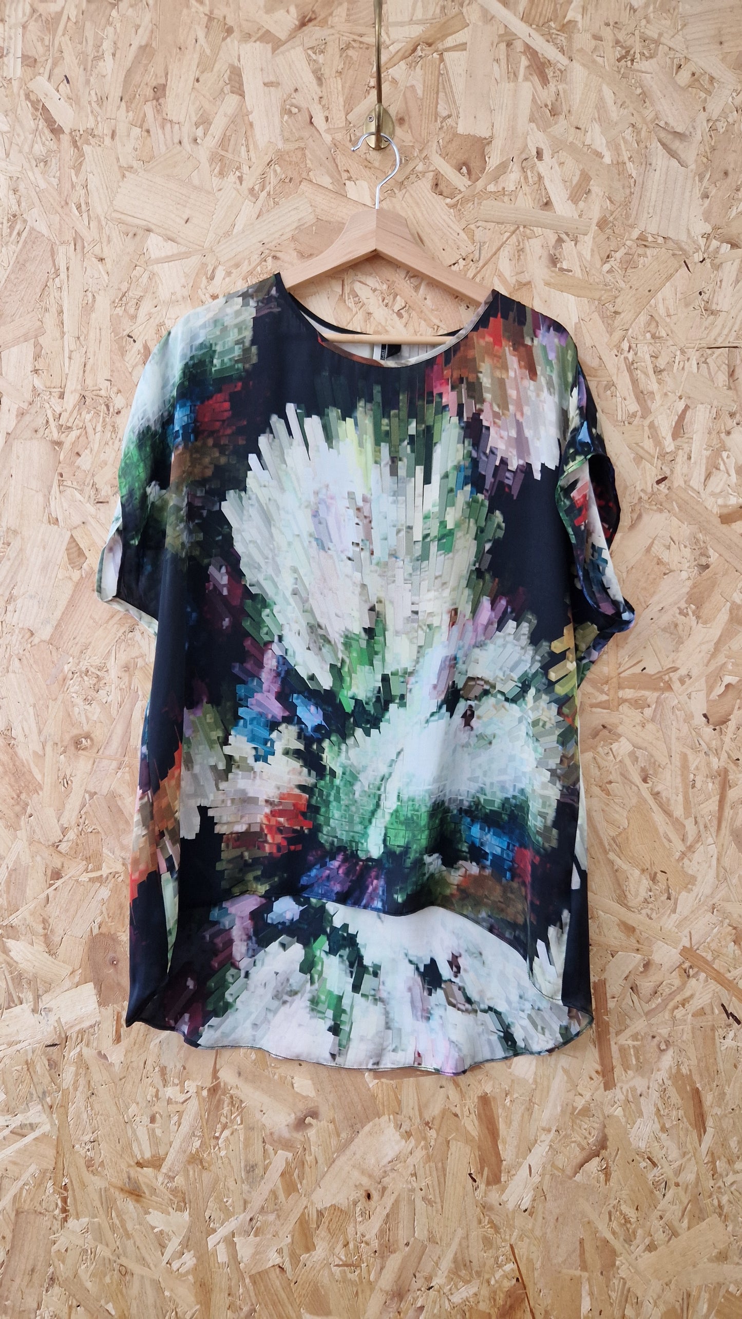 Preloved Topshop Cap Sleeve Graphic Print Top with Dropped Hem Size 8