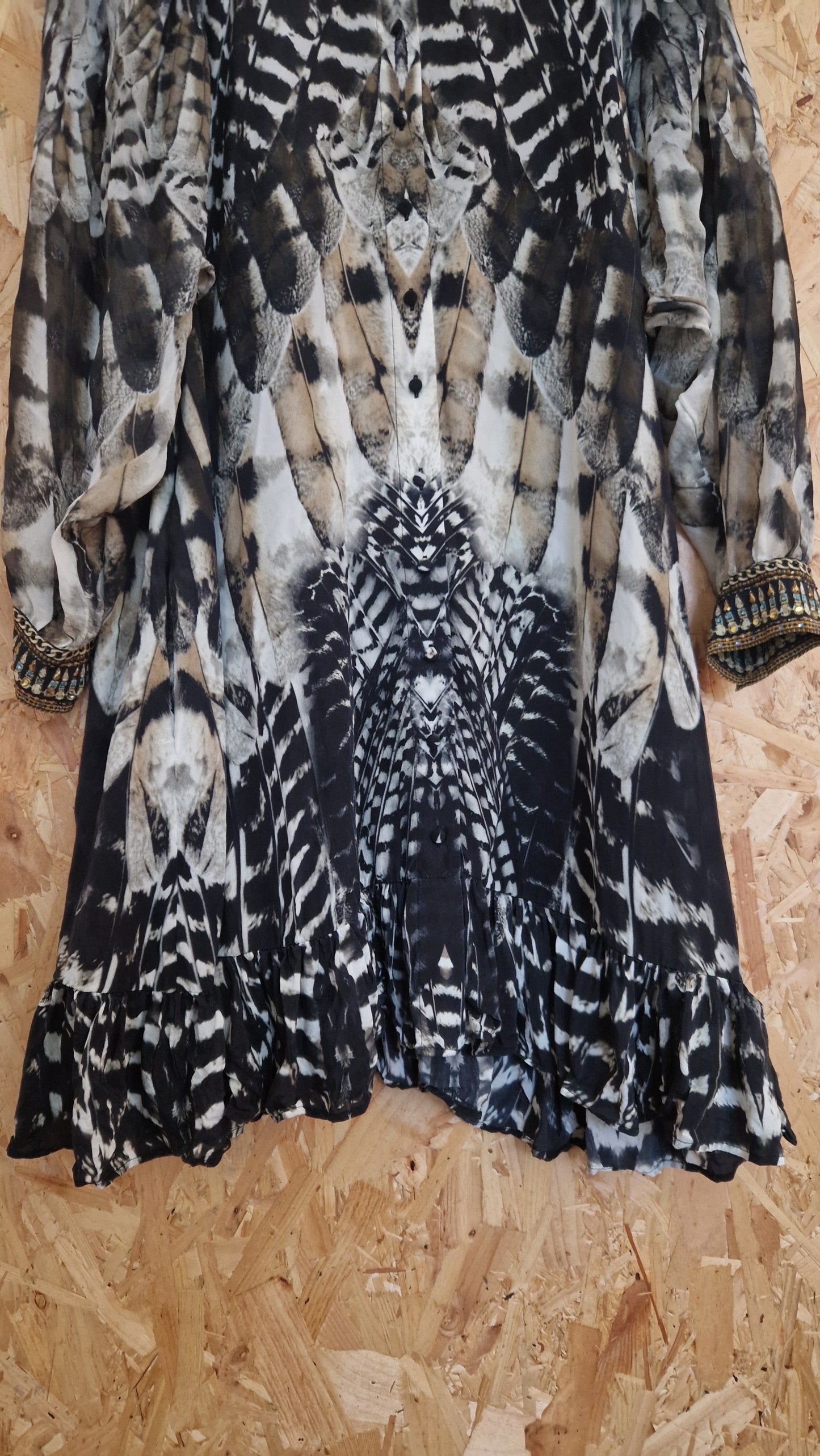 Preloved Camilla Printed Silk Chiffon Dress with Beaded Collar & Cuffs Size Small