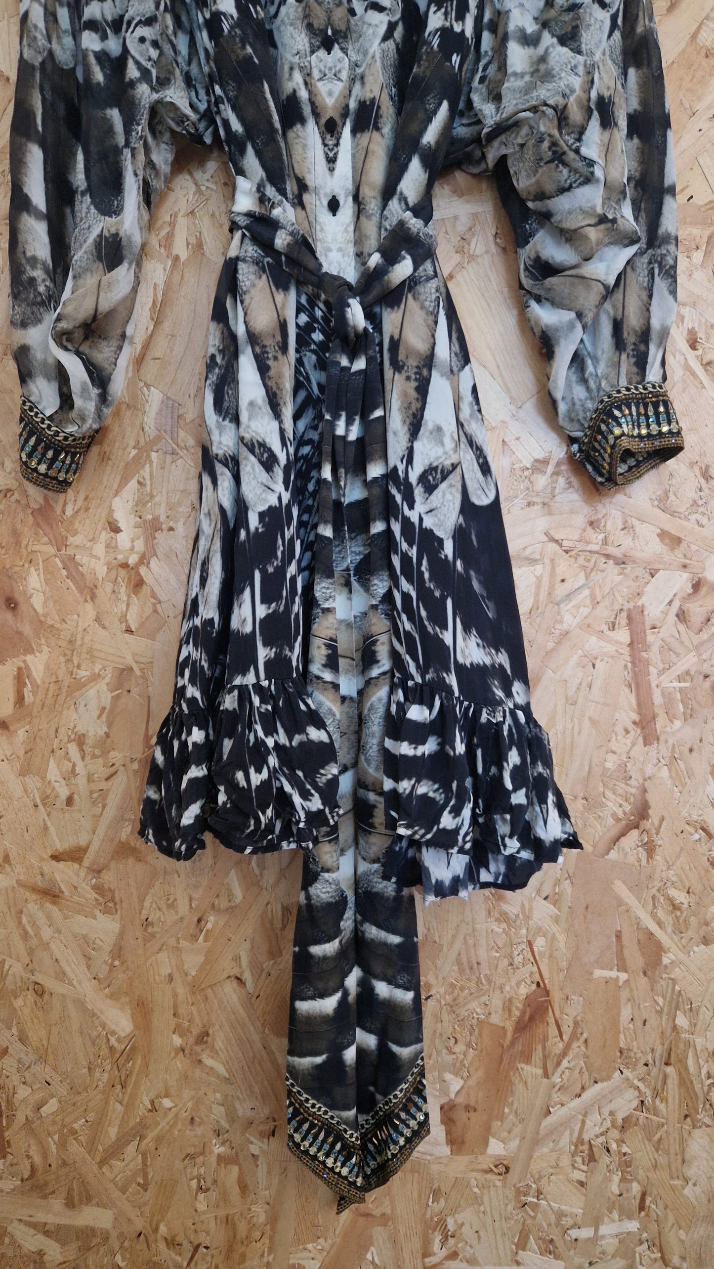 Preloved Camilla Printed Silk Chiffon Dress with Beaded Collar & Cuffs Size Small