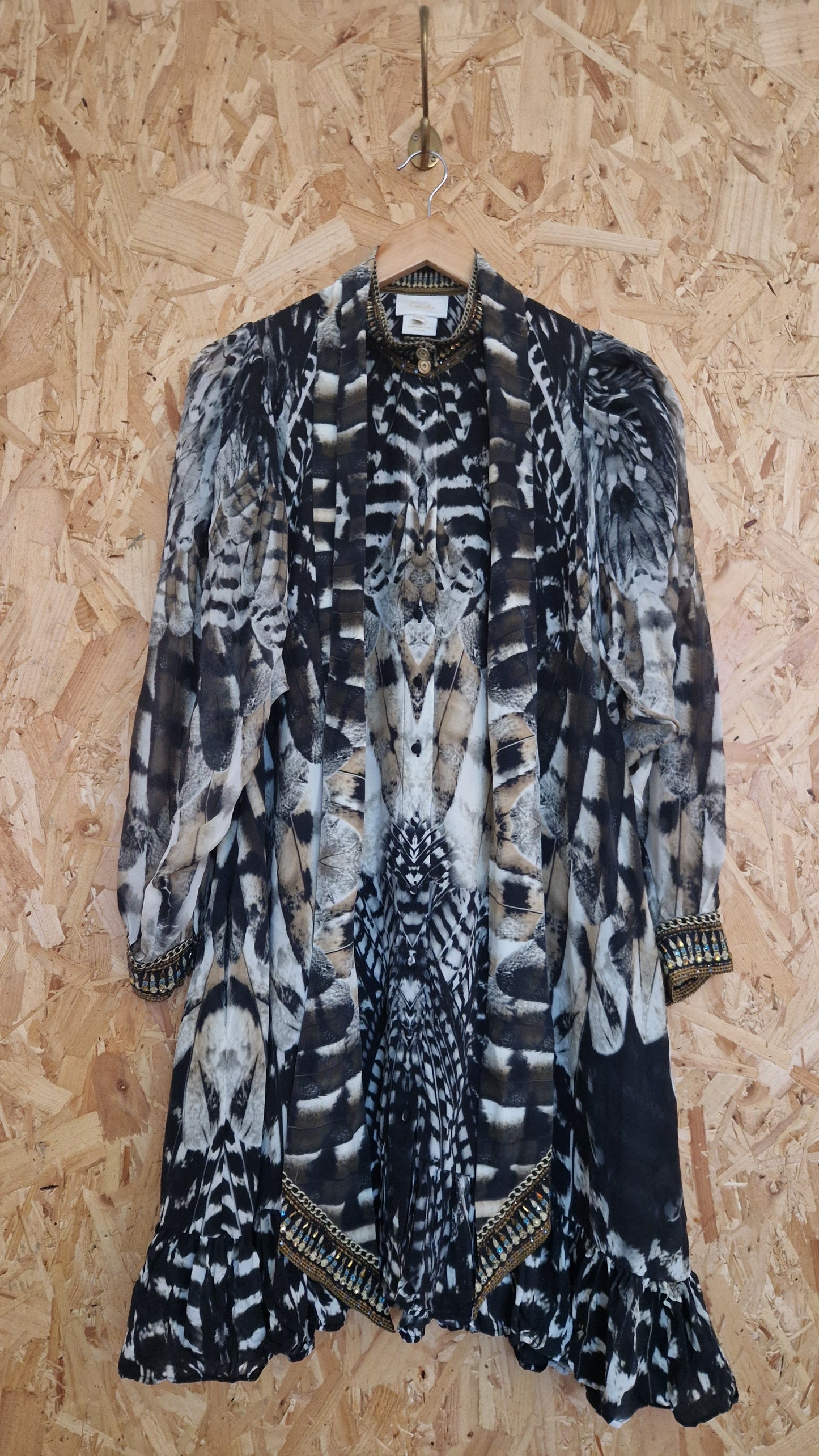 Preloved Camilla Printed Silk Chiffon Dress with Beaded Collar & Cuffs Size Small