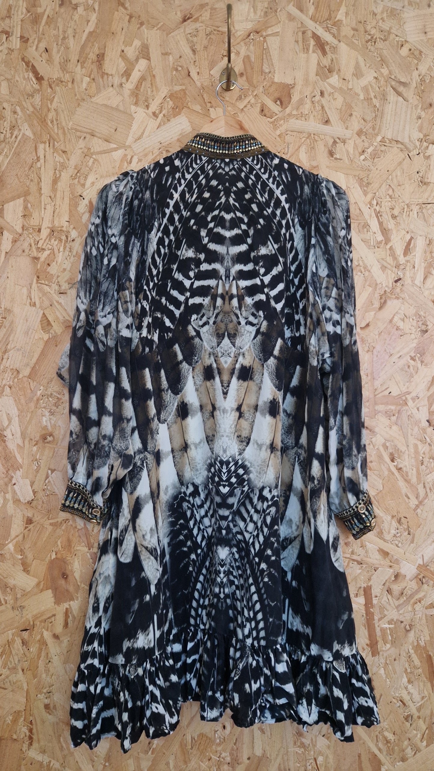 Preloved Camilla Printed Silk Chiffon Dress with Beaded Collar & Cuffs Size Small