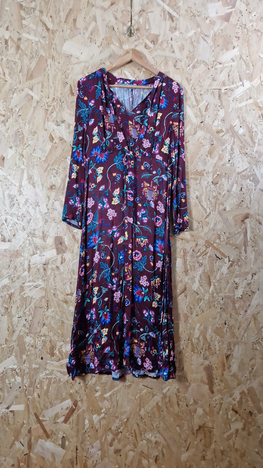 Preloved Oliver Bonas Long Sleeve Tie Neck Burgundy Floral Printed Dress Size 10