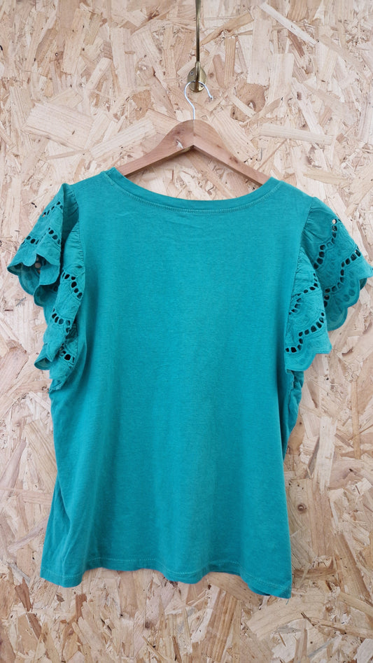 Preloved Short Sleeve T-shirt with Cut Out Detail Frilly Sleeves Size 12