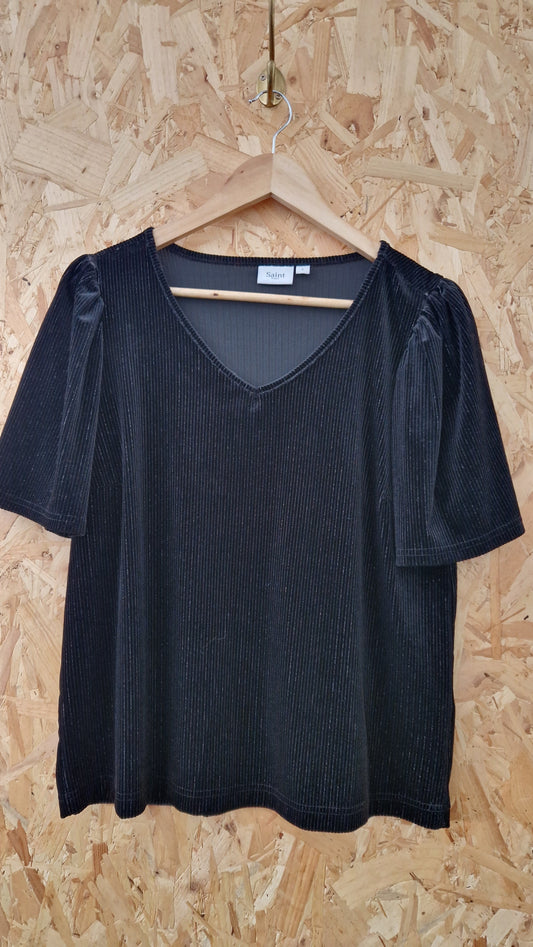 Preloved Saint Tropez Short Sleeve Velour Cord Puff Sleeve V-Neck Top Size Small