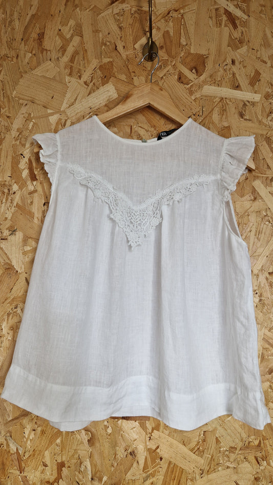 Preloved Zara Sleeveless Linen Top with Crochet Lace Trim Size Medium