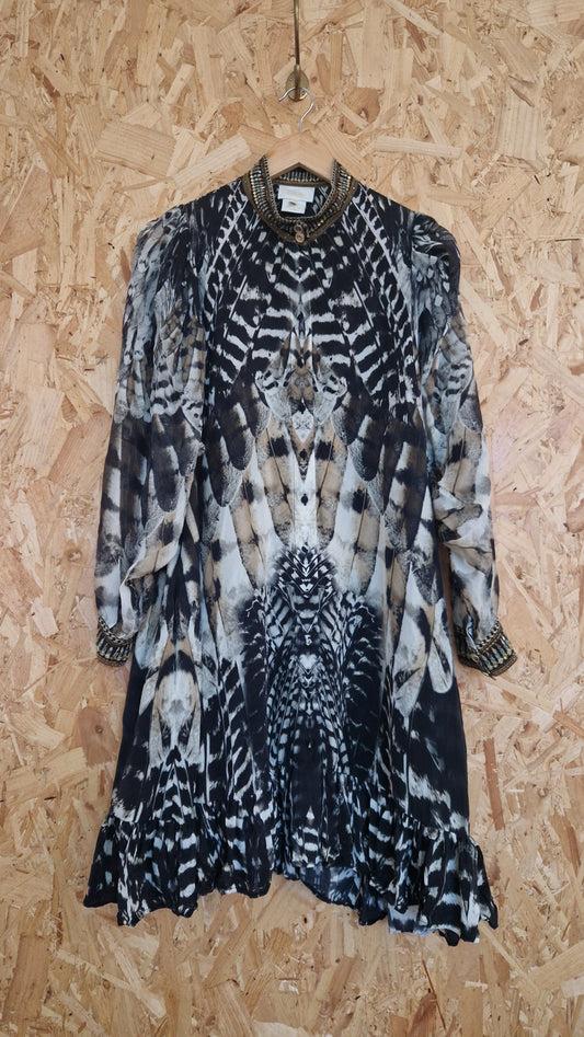 Preloved Camilla Printed Silk Chiffon Dress with Beaded Collar & Cuffs Size Small